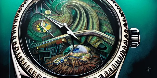 Image similar to painting hyperdetailed rolex watch face designed by dan seagrave and tomasz alen kopera and simon stahlenhag