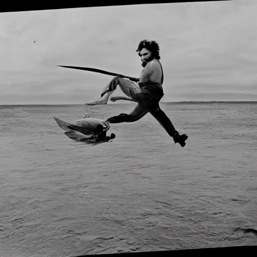 Image similar to charles manson riding a flying fish