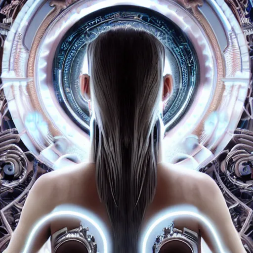 Image similar to symmetrical feminine cyborg goddess rendered in Cinema 4D and Octane and Unreal Engine 5, elegant cybernetic body and ornate futuristic robes, glowing white neon eyes, platinum and obsidian flowing long hair, art by Artgerm, Beeple and Alphonse Mucha, hyperrealism, full body photogenic shot, digital render, cinematic lighting ornate earrings, 8k resolution, masterpiece work