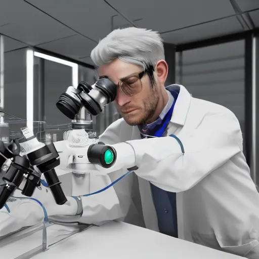 Image similar to rooster scientist looking through a microscope in a futuristic laboratory, unreal engine, blender render, octane render, video game fully rendered scene, highly detailed, high resolution, beautiful lighting, atmospheric