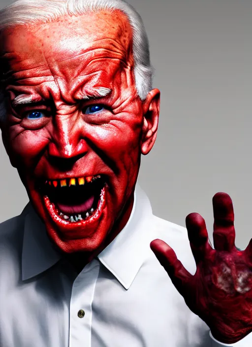 Image similar to hyper realistic ultra realistic horror terror dimensional photo furious glowing red eyes biden, high quality photo, detailed , 8k