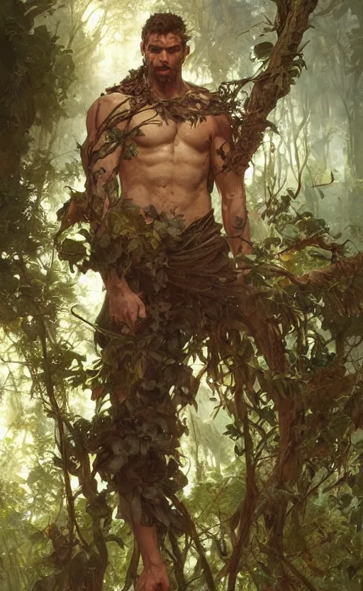 Image similar to god of the forest, rugged, handsome, male, detailed face, clean lines, atmospheric lighting, amazing, full body, thighs, flowers, muscular, intricate, highly detailed, digital painting, deviantart, concept art, sharp focus, illustration, art by greg rutkowski and alphonse mucha