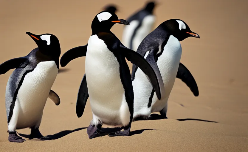 Prompt: happy penguins in sand dunes, photography