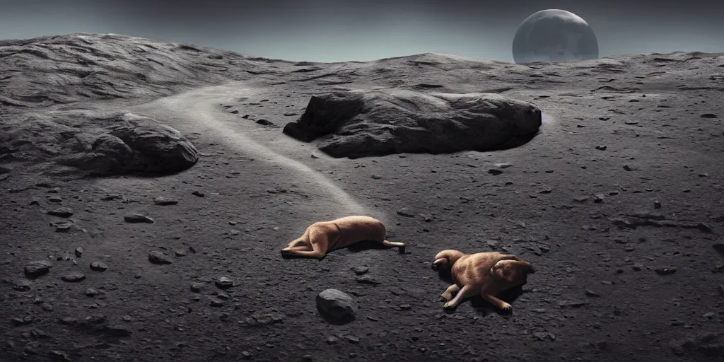 Prompt: ! dream ultra realistic illustration, an outdoor on the moon with a labrador retriever sleeping, lunar landscape, elegant, highly detailed, artstation, concept art, smooth, sharp focus, moody, dramatic lighting