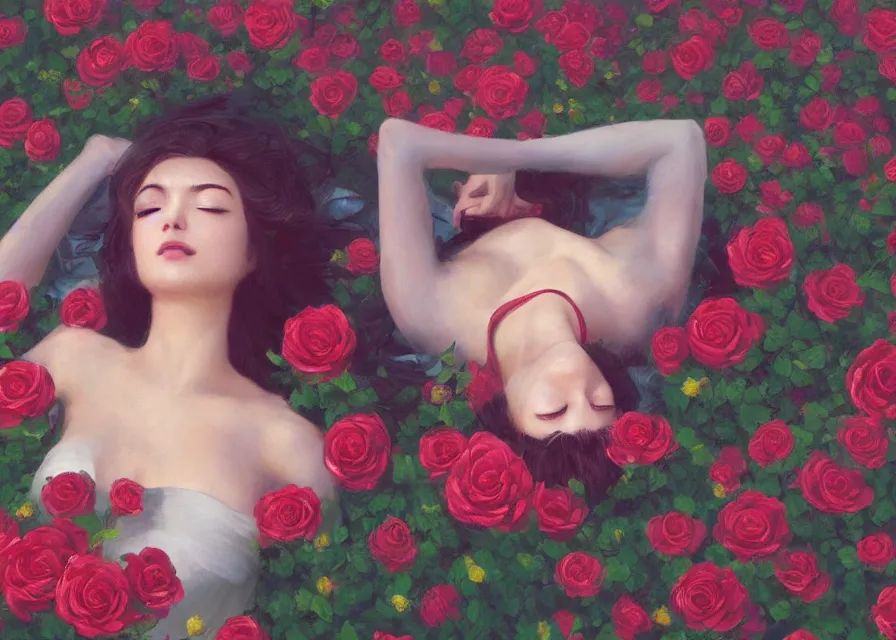 Prompt: painting of A woman laying in a sea of Roses and flora from super mario brothers, trending on ArtStation, masterpiece, by Greg Rutkowski, by Ross Tran, by Fenghua Zhong, octane, clear eyes, soft render, clear facial features, oil on canvas, moody lighting, cinematic, professional environment concept art