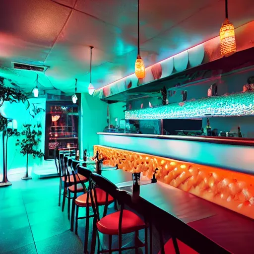 Prompt: retro restaurant, iridescent, mood lighting, 8 k, cinematic