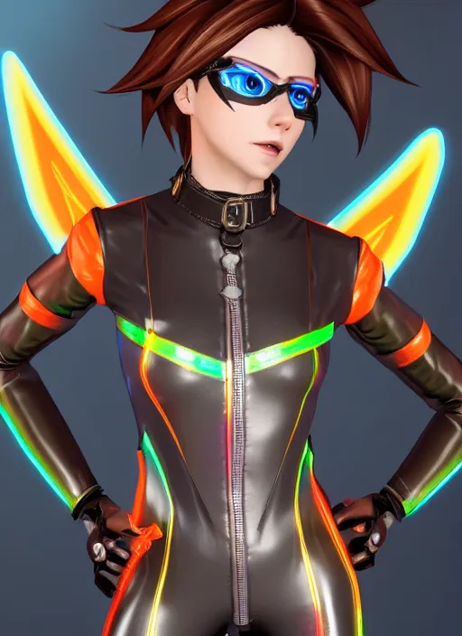 Image similar to portrait bust digital artwork of tracer overwatch, wearing iridescent rainbow latex and leather straps catsuit outfit, 4 k, expressive happy face, makeup, in style of mark arian, angel wings, wearing detailed leather collar, chains, black leather harness, detailed face and eyes,