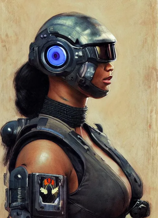 Prompt: Sgt. Sophia Igwe. Strong cyberpunk female USN Assault mech pilot with cyberpunk eyepiece and wearing military stealthsuit (cyberpunk 2077, bladerunner 2049, splinter cell, blackops). gorgeous face. Iranian orientalist portrait by john william waterhouse and Edwin Longsden Long and Theodore Ralli and Nasreddine Dinet, oil on canvas. Cinematic, hyper realism, realistic proportions, dramatic lighting, high detail 4k