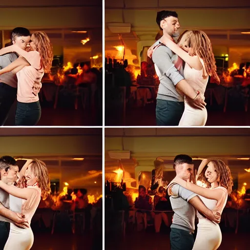 Prompt: a cute couple doing the bump on the dancefloor. freedom. being loose. pleasure. midnight. outdoors and indoors. varying angles. high - res photography.