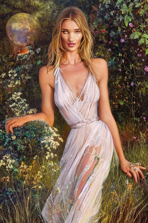 Image similar to Rosie Huntington-Whiteley, watery crystal glow eyed, looking at the viewer, sundown misty firefly wisps,double split halter open thigh leaf dress; in the style of Lilia Alvarado, Sophie Anderson, Mark Arian, Bob Byerley, Charlie Bowater, Mark Brooks, Steve Henderson, Justin Gerard, Arthur Hughes, Edward Robert Hughes, Mark Keathley, Victor Nizovtsev, Carlos Shwabe, Ross Tran, WLOP