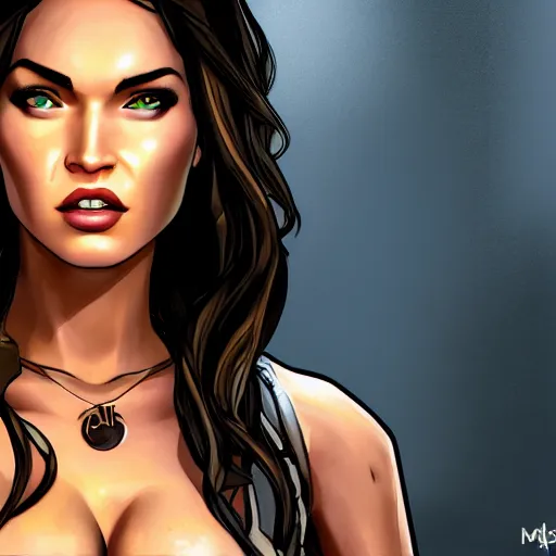 Image similar to megan fox portrait, borderlands, tales from the borderlands, the wolf among us, comic, cinematic lighting, studio quality, 8 k