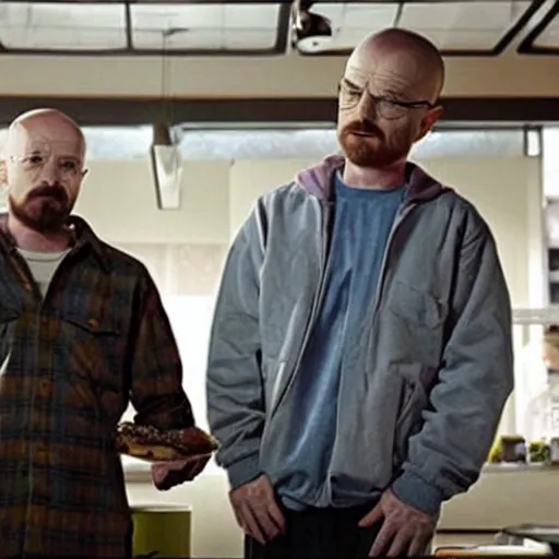 Image similar to walter white and jesse pinkman eating hamburger