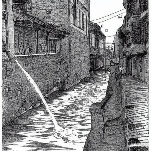 Prompt: water flowing through the streets in an old city, drawing by moebius