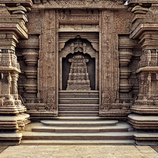 Prompt: 4 k unreal engine render of an ancient never seen before indian high detail temple. complex architecture with intricate pilars. high detailed water. flowers. overview, trending on artstation