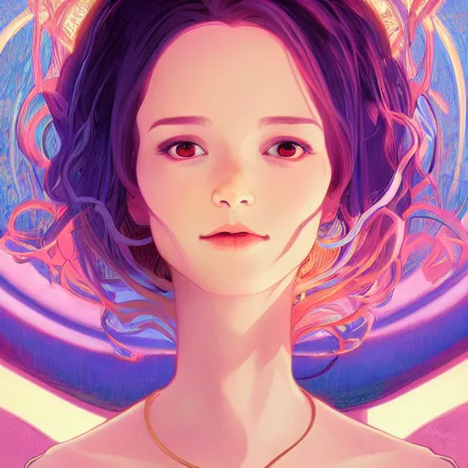 Image similar to gazing into the gorgeous face of infinity, laughing at the absurdity of it all, ambient lighting, 4 k, lois van baarle, ilya kuvshinov, rossdraws, alphonse mucha, jung gi kim, artstation