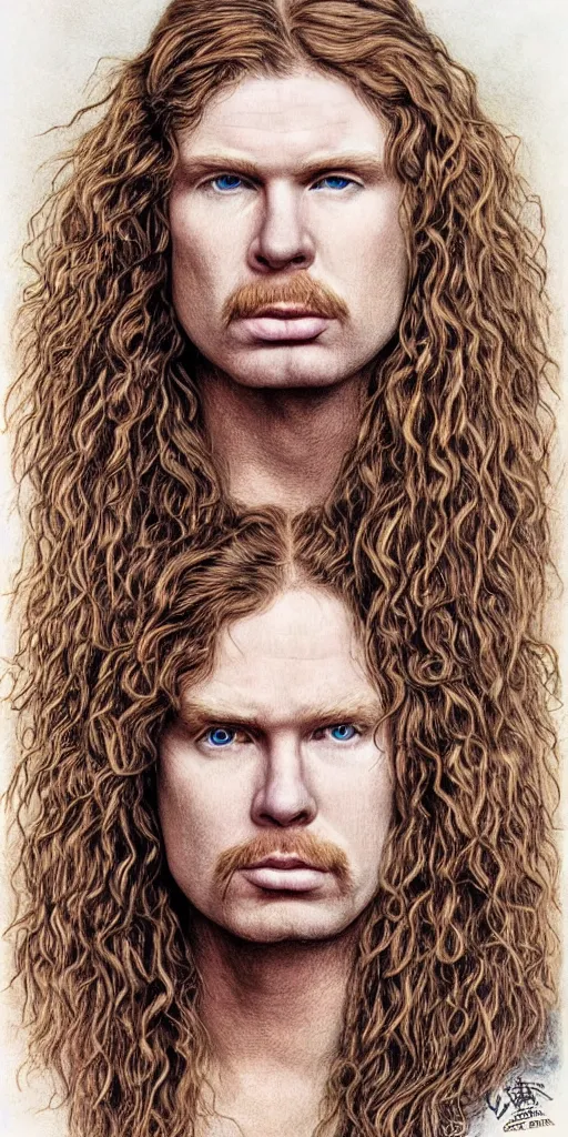 Image similar to Pre-Raphaelite portrait of Dave Mustaine from Megadeth, with very long blond hair and grey eyes