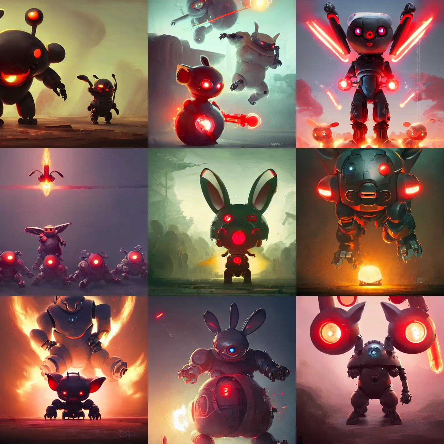 Prompt: cute chubby dangerous angry 3 years old robots childs in battle pose ruling the world with big glowing red eyes and big rabbit ears , big complex belly mechanism , studio light, retro design by greg rutkowski