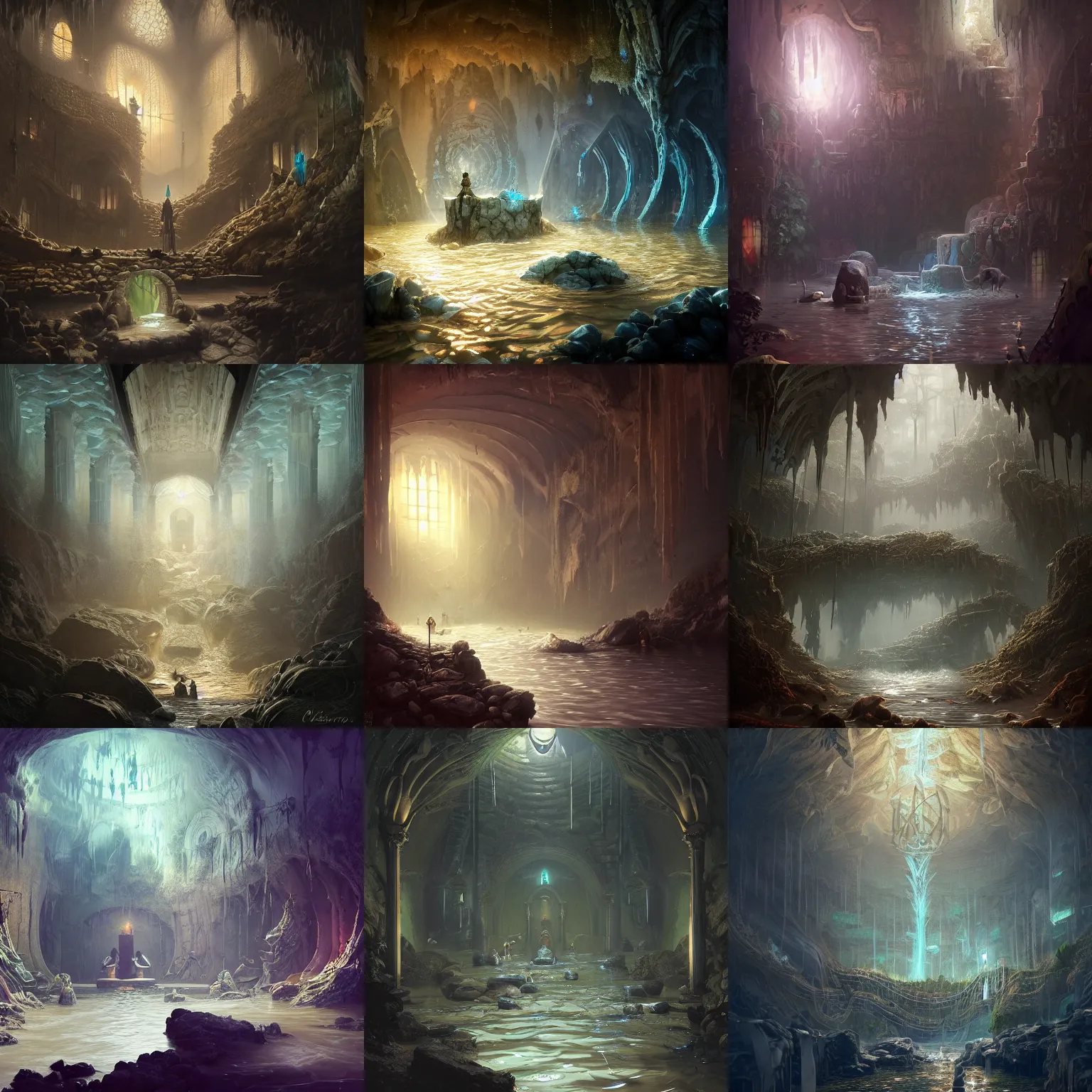 Prompt: beautiful flooding victorian catacombs, water flowing from side of rocks, tapestries hanging from ceiling, light dust, by peter mohrbacher dan mumford craig mullins nekro, cgsociety, pixiv, volumetric light, 3 d render