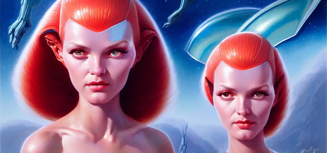 Image similar to face of a cute alien girl wearing shiny plastic armor in the style of roger dean and alberto vargas and stefan kostic, realistic, photoreal, sharp focus, 8 k high definition, insanely detailed, intricate, elegant, art by greg rutkowski and artgerm, extreme blur coral reef background