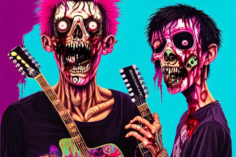 Prompt: a zombie 1 9 8 0 s punk playing guitar, tristan eaton, victo ngai, artgerm, rhads, ross draws