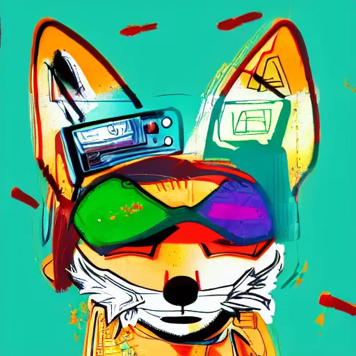 Image similar to illustration of cyberpunk fox in vr helmet, colorful splatters, by andy warhol and by zac retz and by kezie demessance