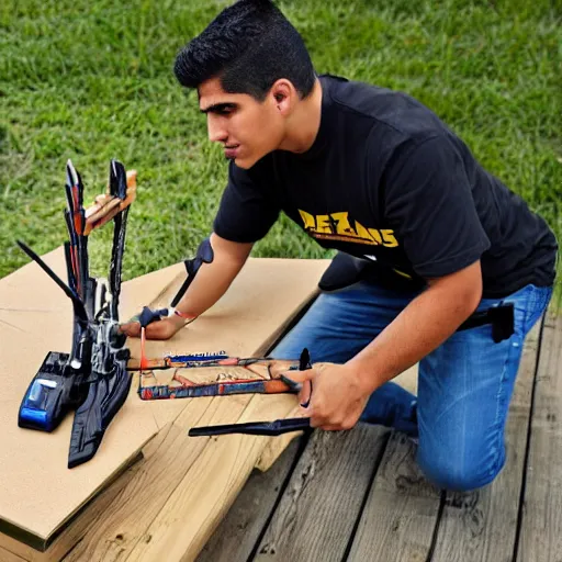 Prompt: young latino man using cordless power tool crossbow made by dewalt