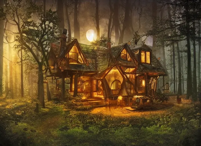 Prompt: cosy house in a clearing in the middle of a large forest, beautifully lit, retro science fiction vintage art, steampunk