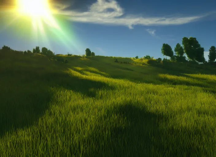 Prompt: green and yellow fields, a hill, under a blue sky, Photography, Filmic, DSLR, Wide Angle, Lens Flare, 8K, Sunlight, Cinematic Lighting, Artstation, Unreal Engine