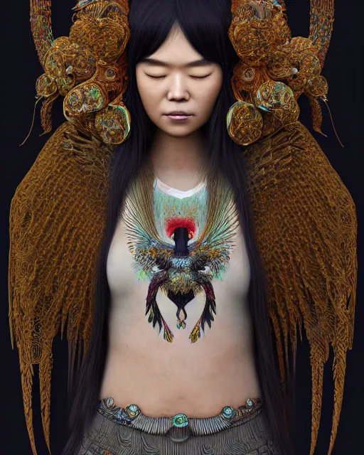 Prompt: mikami yua 3 d warrior goddess medium shot portrait. beautiful hyperrealistic intricate highly detailed magpie helm and richly embroidered blouse, quetzalcoatl, bioluminescent, curious, kintsugi, plasma, lava, ice, feather, artwork by tooth wu and wlop and chiara bautista, octane 3 d render