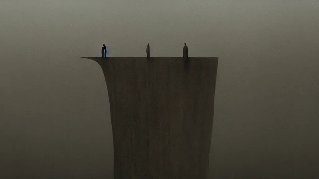 Prompt: acrophobia, film still from the movie directed by denis villeneuve and david cronenberg with art direction by zdzisław beksinski and dr. seuss