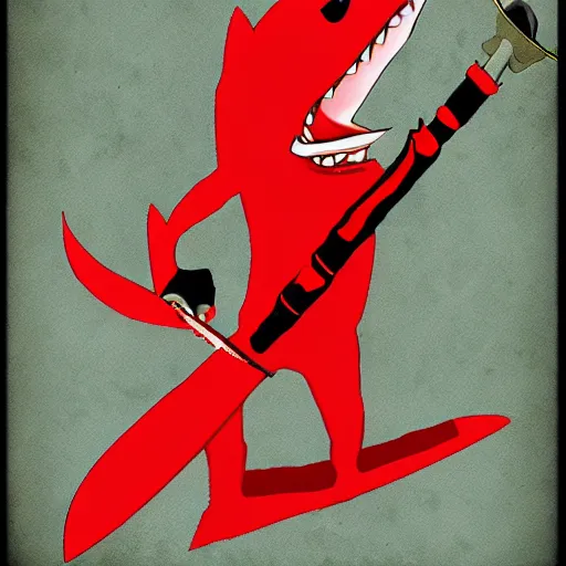 Image similar to red cartoon shark wielding a red samurai sword