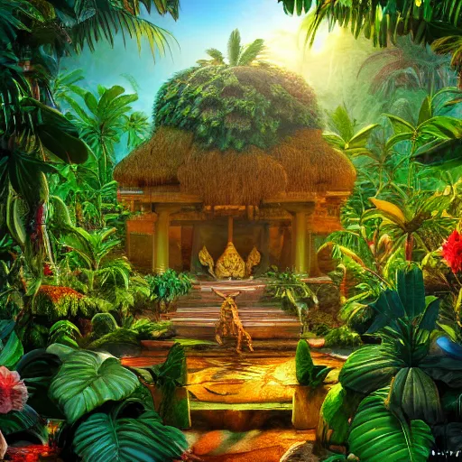 Prompt: a jungle temple surrounded by giant beautiful tropical flowers, photography, golden hour, bokeh, gamma, 8 k, full - hd, volumetric light, artstation, by bob byerley