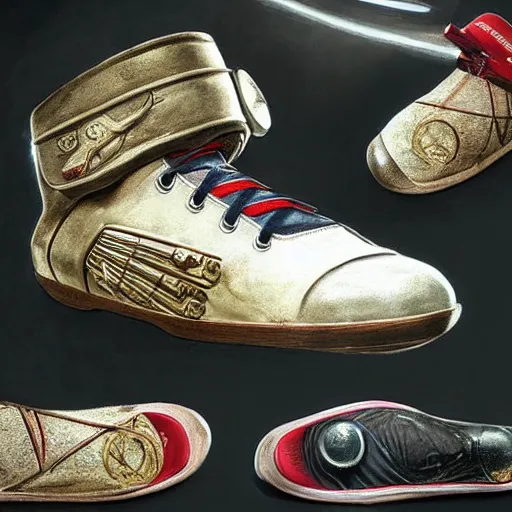 Image similar to STAR TREK SPORTS Gucci shoes designed in ancient Greece, (SFW) safe for work, photo realistic illustration by greg rutkowski, thomas kindkade, alphonse mucha, loish, norman rockwell