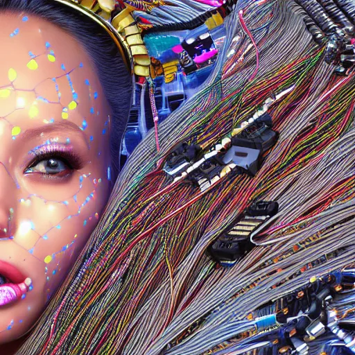 Image similar to deeper into the metaverse we go, piles of modular synth cables, kawaii puerto rican goddess swimming up wearing a headpiece made of circuit boards, by cameron gray, wlop, stanley kubrick, masamune, hideki anno, jamie hewlett, unique perspective, trending on artstation, 3 d render, vivid