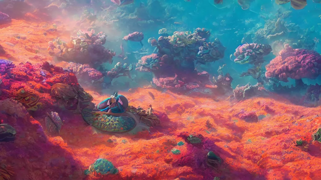 Image similar to ancient alien planet covered in colorful coral reefs on the ground, anthropomorphic fish girls, by sylvain sarrailh, rossdraws, ambient light, ultra detailed, fantasy artwork, 8 k, volumetric lighting, trending on artstation, award winning, beautiful scenery, very beautiful.