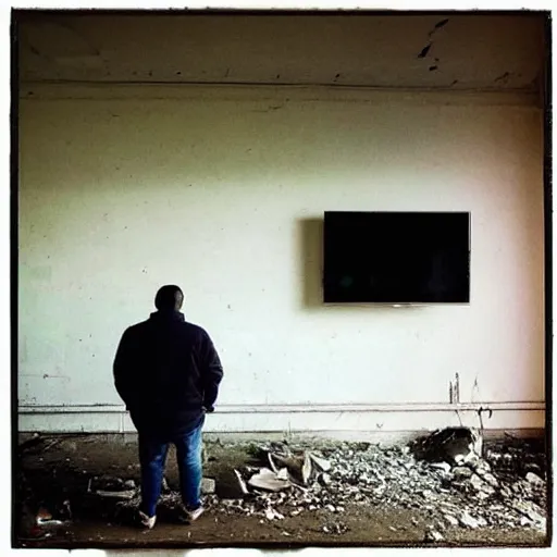 Image similar to “a man staring at a tv whilst imagining different worlds in an derelict room”