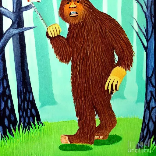 Prompt: detailed painting of bigfoot in the forest playing a bass guitar with a wig on his head