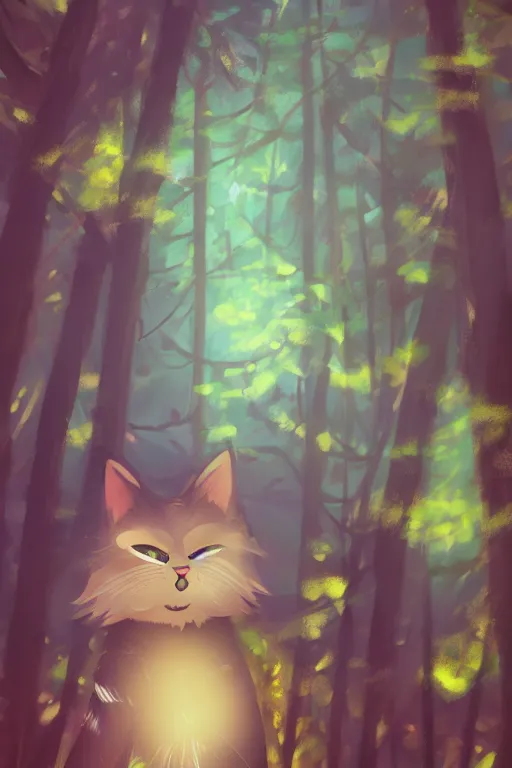 Prompt: a cat in a forest, by kawacy, sunlight, trending on pixiv, bokeh, furry art, anime, dramatic lighting, digital art