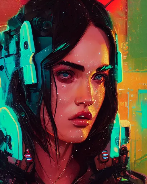 Image similar to detailed megan fox portrait neon operator girl, cyberpunk futuristic neon, reflective puffy coat, decorated with traditional japanese ornaments by ismail inceoglu dragan bibin hans thoma greg rutkowski alexandros pyromallis nekro rene maritte illustrated, perfect face, fine details, realistic shaded, fine - face, pretty face