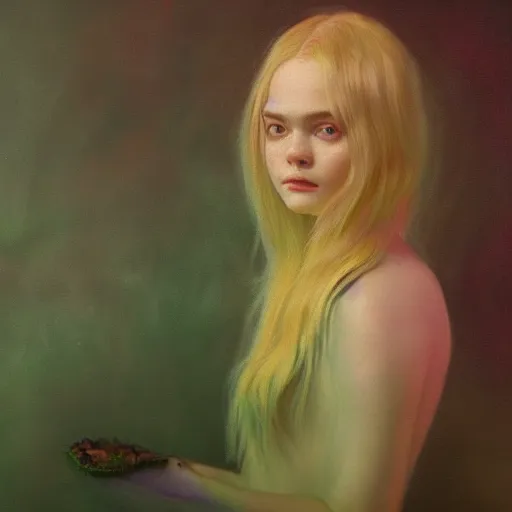 Prompt: portrait of a elle fanning in a bioluminescent alien garden, detailed realism face in painting, detailed beautiful portrait, oil painting masterpiece, 8 k resolution, smooth, sharp focus, trending on artstation, by rembrandt