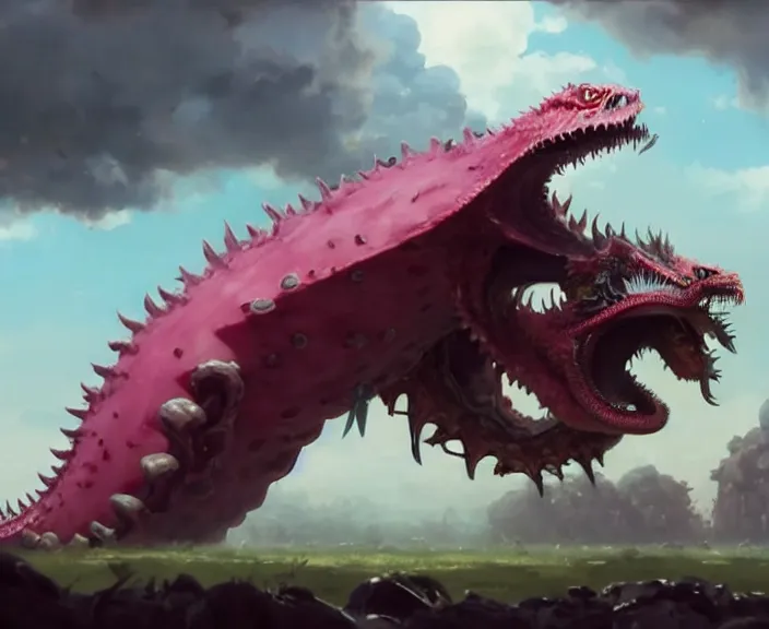 Image similar to still frame from Cloudy with a Chance of Meatballs 2 (2013) of possessed dragon fruit sandworm dragon, Scyth game art by peter Mohrbacher by Jakub Różalski by jakub rozalski