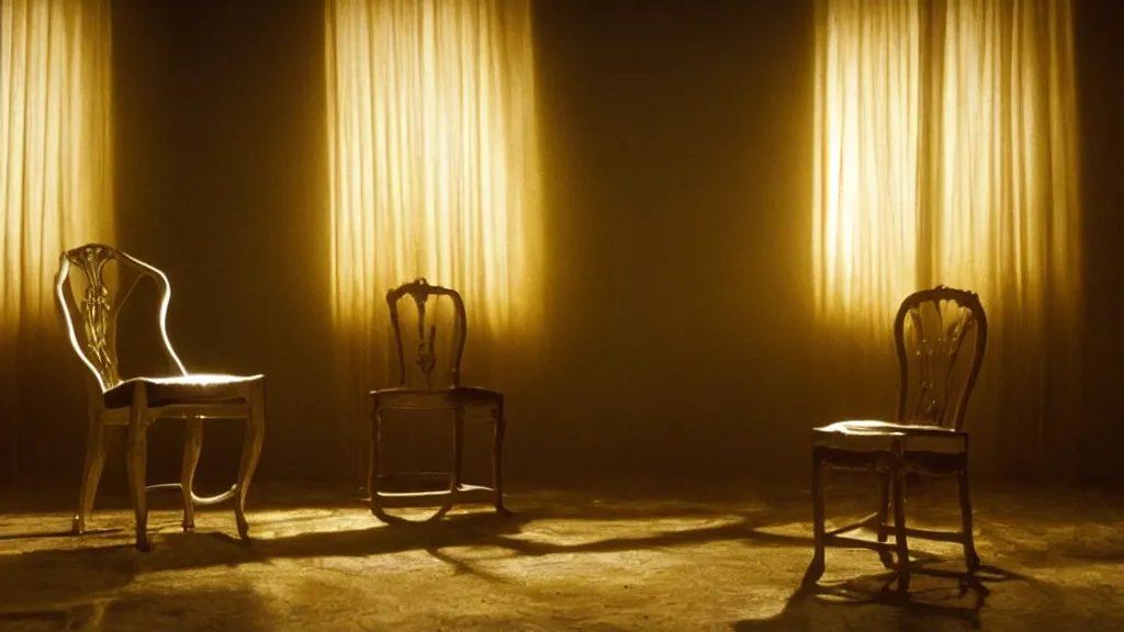 Image similar to glowing oil, in the shape of a chair, film still from the movie directed by denis villeneuve and david cronenberg with art direction by salvador dali and dr. seuss