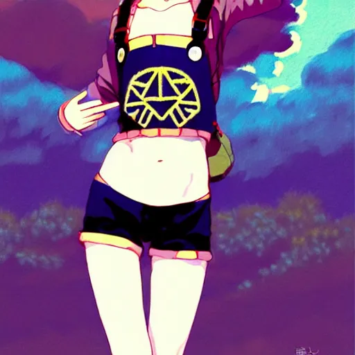 Image similar to beautiful boyish natalie portman gravure model in majora's mask, wearing big mayan bomber jacket with overalls and leotard, big bomber jacket with subtle mayan patterns, aztec bathing suit, gapmoe yandere grimdark, trending on pixiv fanbox, painted by greg rutkowski makoto shinkai takashi takeuchi studio ghibli, akihiko yoshida