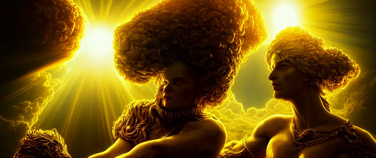 Image similar to hyperrealist highly detailed neo-baroque portrait of god as an amazon crushing the planet into pieces concept art pascal blanche dramatic yellow lighting 8k wide angle shallow depth of field