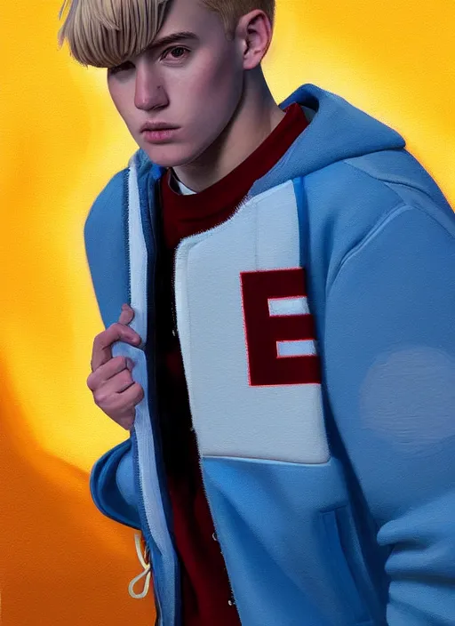 Image similar to portrait of high school senior boy named big moose, blonde short hair, jock, beefy, wide face, square jaw, square facial structure, blue varsity jacket with letter r, intricate, elegant, glowing lights, highly detailed, digital painting, artstation, concept art, sharp focus, illustration, art by wlop, mars ravelo and greg rutkowski