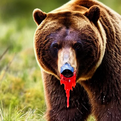 Image similar to nature photography photo of a bear with blood dripping from mouth, —w 512 —h 768