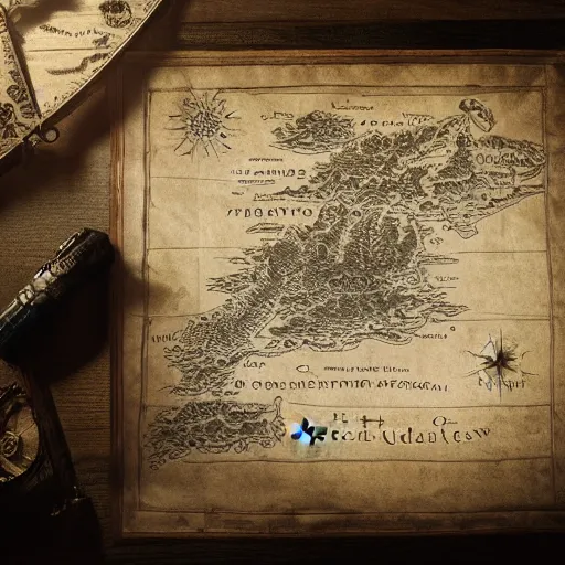 Prompt: big old fictional paper map, in middle - earth style, sitting on a table near window with a sunlight pouring through and creating soft shadows over map, surrounded by compass and hourglass and sextant, bokeh, focus on map, artstation, digital art