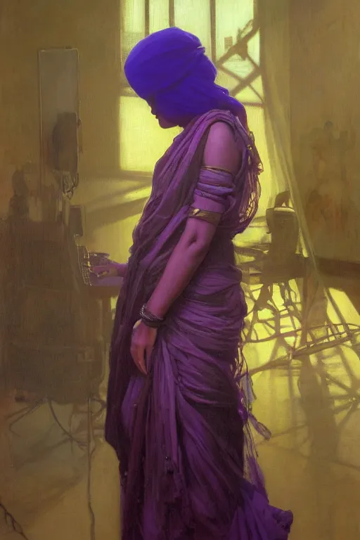 Image similar to hyperrealist portrait of a young indian american woman wearing a purple niqab, it is decorated with long wires and computer monitors are all over their body within the cyberpunk office background. by jeremy mann and alphonse mucha, fantasy art, photo realistic, dynamic lighting, artstation, poster, volumetric lighting, very detailed faces, 8 k, award winning