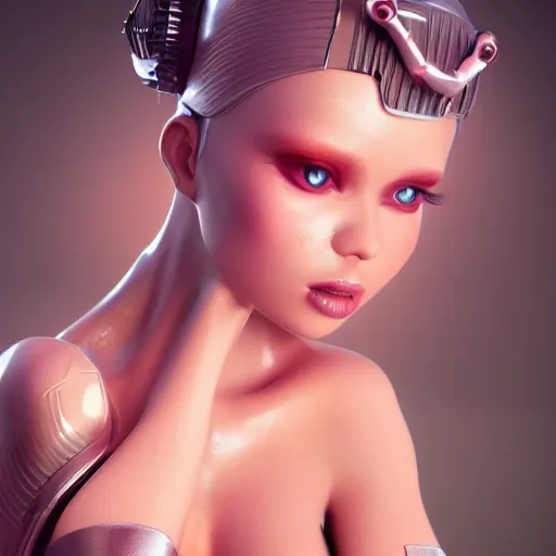 Image similar to gorgeous flirty fembot posing, photorealistic, highly detailed, octane, cgi,