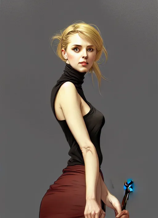 Image similar to portrait of a full body of beautiful young female secretary, d & d, sleeveless turtleneck, pencil skirt, fantasy, flat lighting, intricate, highly detailed, digital painting, artstation, concept art, smooth, sharp focus, illustration, art by simon bisley and greg rutkowski and alphonse mucha, natural tpose